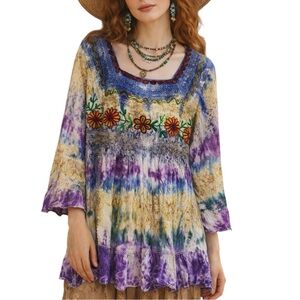Vintage Boho Multicolour Floral Embroidered Tie Dye Peasant Blouse Top Large